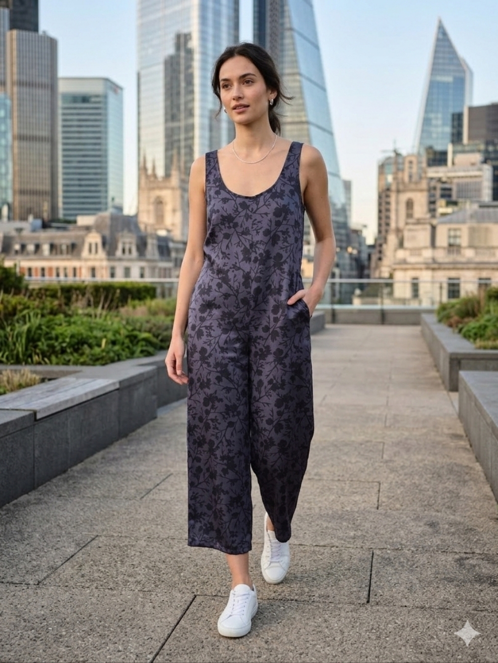 Smash + Tess Women's Sleeveless Blue Sstin Floral Wide Leg Jumpsuit Size S/M